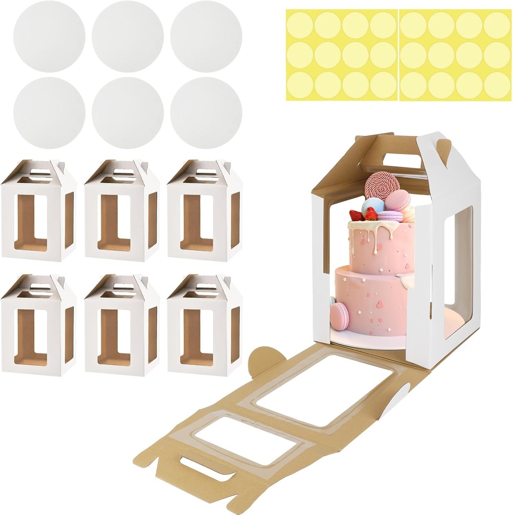 6 Pack Tall Cake Boxes with Cake Boards, 10x10x12 Inch Tiered Cake Box with 6 Windows, Layer Cake Carrier with Handle Bakery Take out Containers for Wedding Birthday Party (White-10x10x12 Inch-6 Pack)