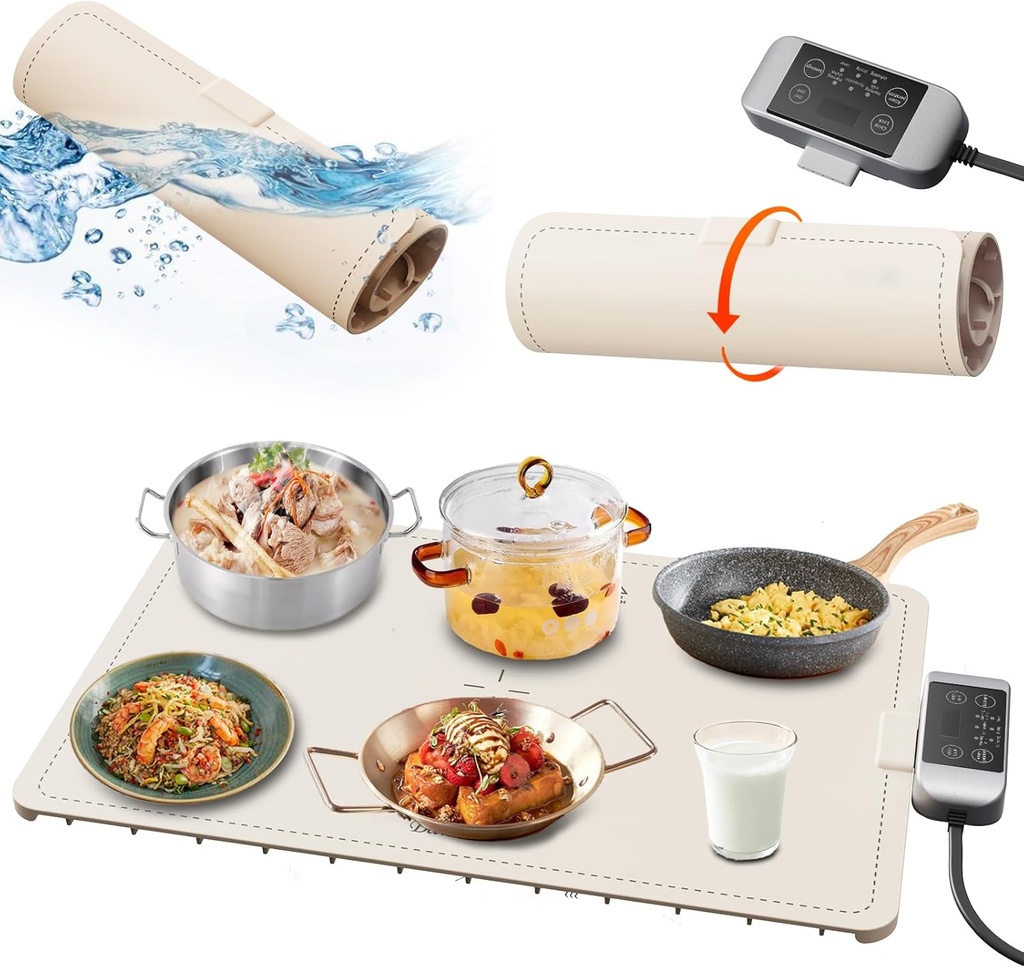 Electric Food Warming Tray - Removable Plug, Easy Cleaning, Full Surface Heating, Rollable Nano Silicone Material, 3 Temperature Settings, Auto Shut-Off- For Buffet, Home Party, Dinner (Ivory)