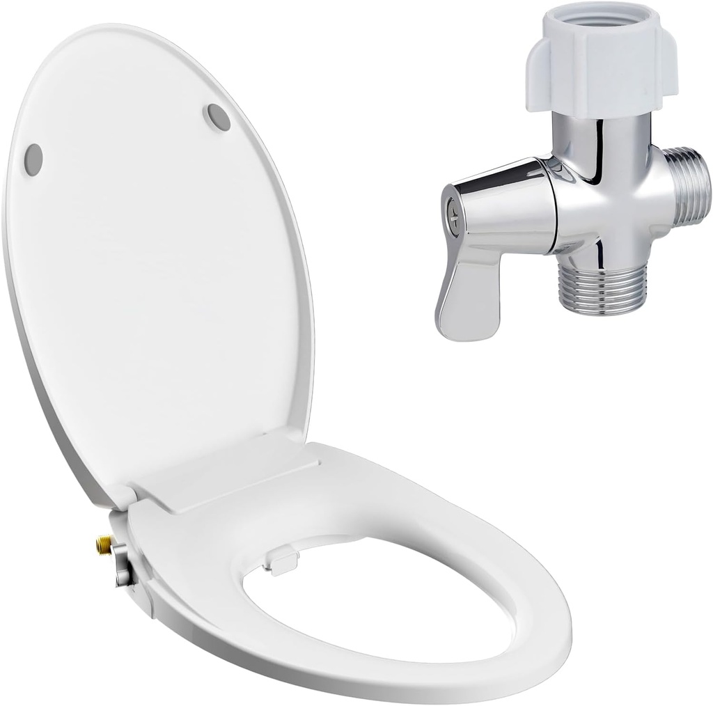 Hibbent Elongated Bidet Toilet Seat with Bidet T Adapter with Shut off Valve(7/8” x 7/8” x G1/2 or 3/8")
