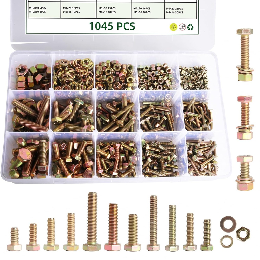 1045PCS M4 M5 M6 M8 M10 Metric Nuts Bolts Washers Assortment Grade 8.8, Heavy Duty Bolts Assortment Nuts Kit, Length from 12 to 30 mm (0.47-1.18 in)