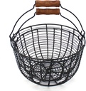 CVHOMEDECO. Metal Wire Egg Baskets Wire Fruit Baskets with Wooden Handle Country Vintage Style Storage Baskets. Matt Black, Set of 2. (Round)