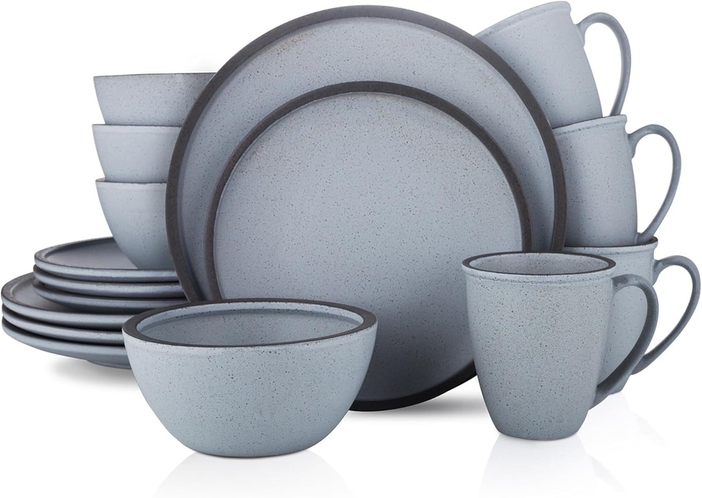 Stone Lain Tina Rustic Stoneware Reactive Glaze Dinnerware Set, Service for 4, Blue and Grey, 16 Piece