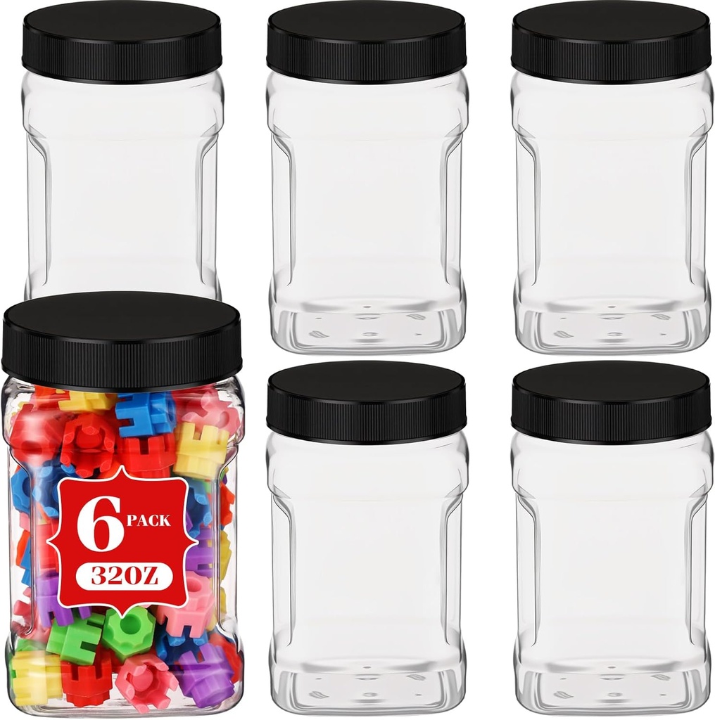 Geiserailie 6 Pcs Square Clear Plastic Jars with Pinch Handle Plastic Storage Container with Screw-on Lids Reusable Wide Mouth Canisters for Dry Good Peanut Cookies Candy (32 oz,Black Lids)