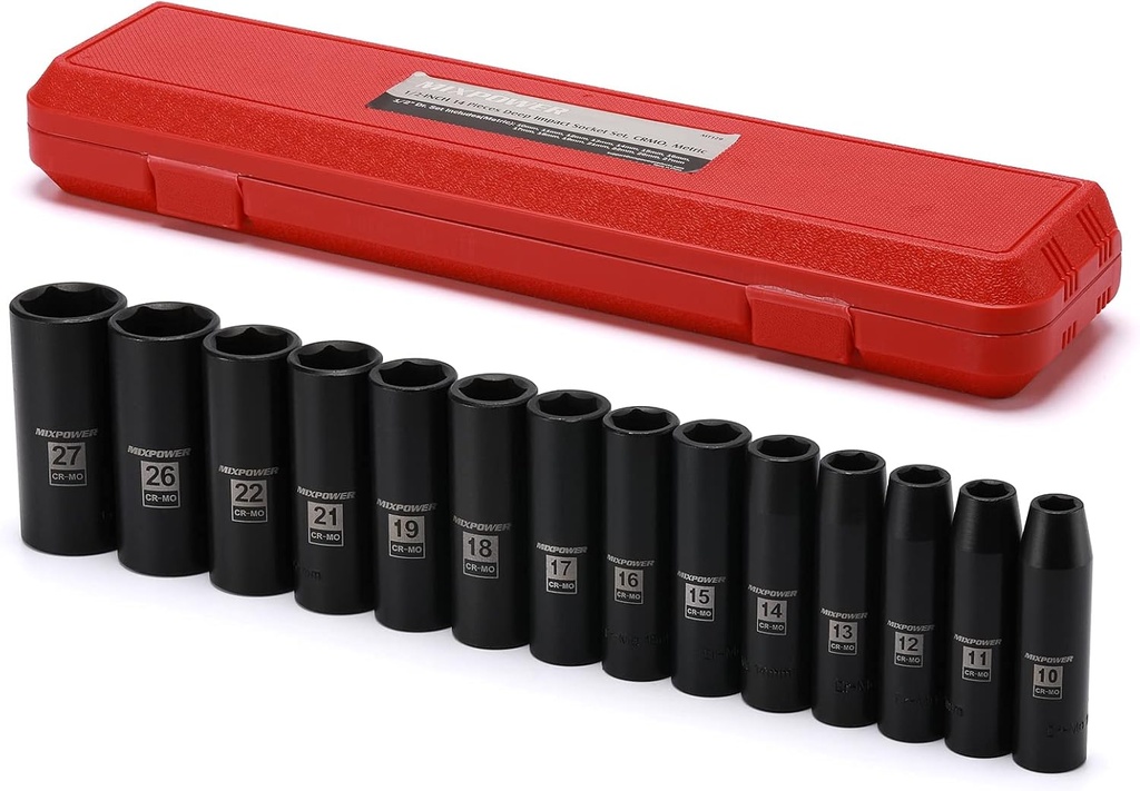 MIXPOWER 14 Pieces 1/2-Inch Drive Deep Impact Socket Set,10mm-27mm, Cr-Mo Steel, Metric, Impact Grade, Heavy Duty Storage Case