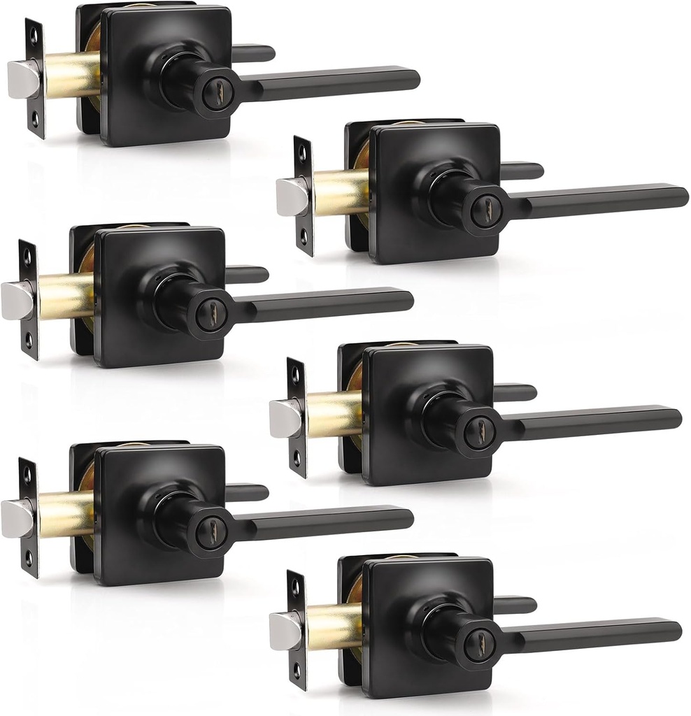 GOBEKOR Black Door Handles Interior with Lock Black Privacy Lever Door Handle Interior for Bedroom Bathroom Square Modern Reversible Keyless Slim Door Levers - Matte Black 6 Pack