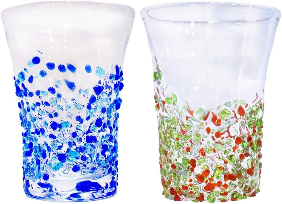 Tida Kobo Beer Glasses (Blue/Water, Green/Orange) φ2.8 inches (7 cm), Crushed 2 Pieces