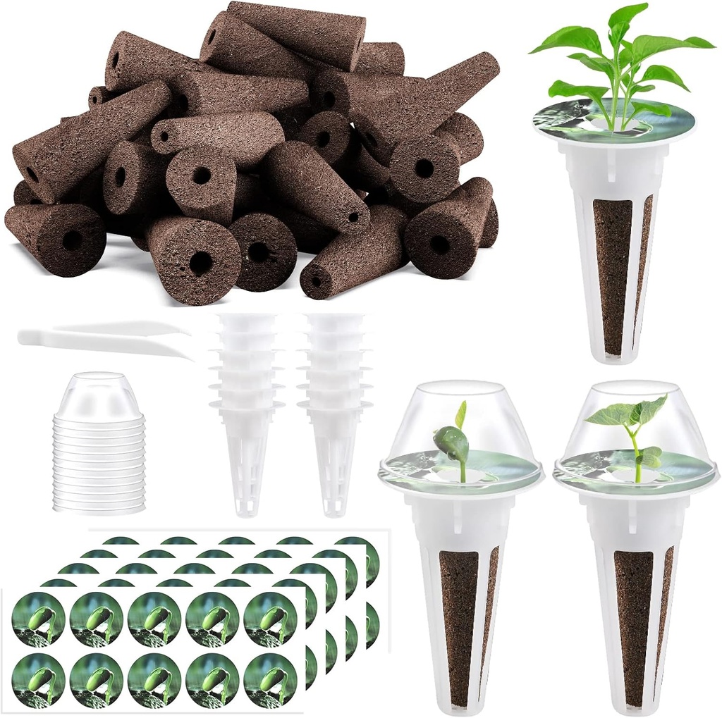 125 Piece Hydroponic Pods Kit: Grow Anything with 50 Grow Sponges, 12 Baskets, 12 Domes, 50 Labels, 1 Tweezer - Compatible with All Hydroponics Brands