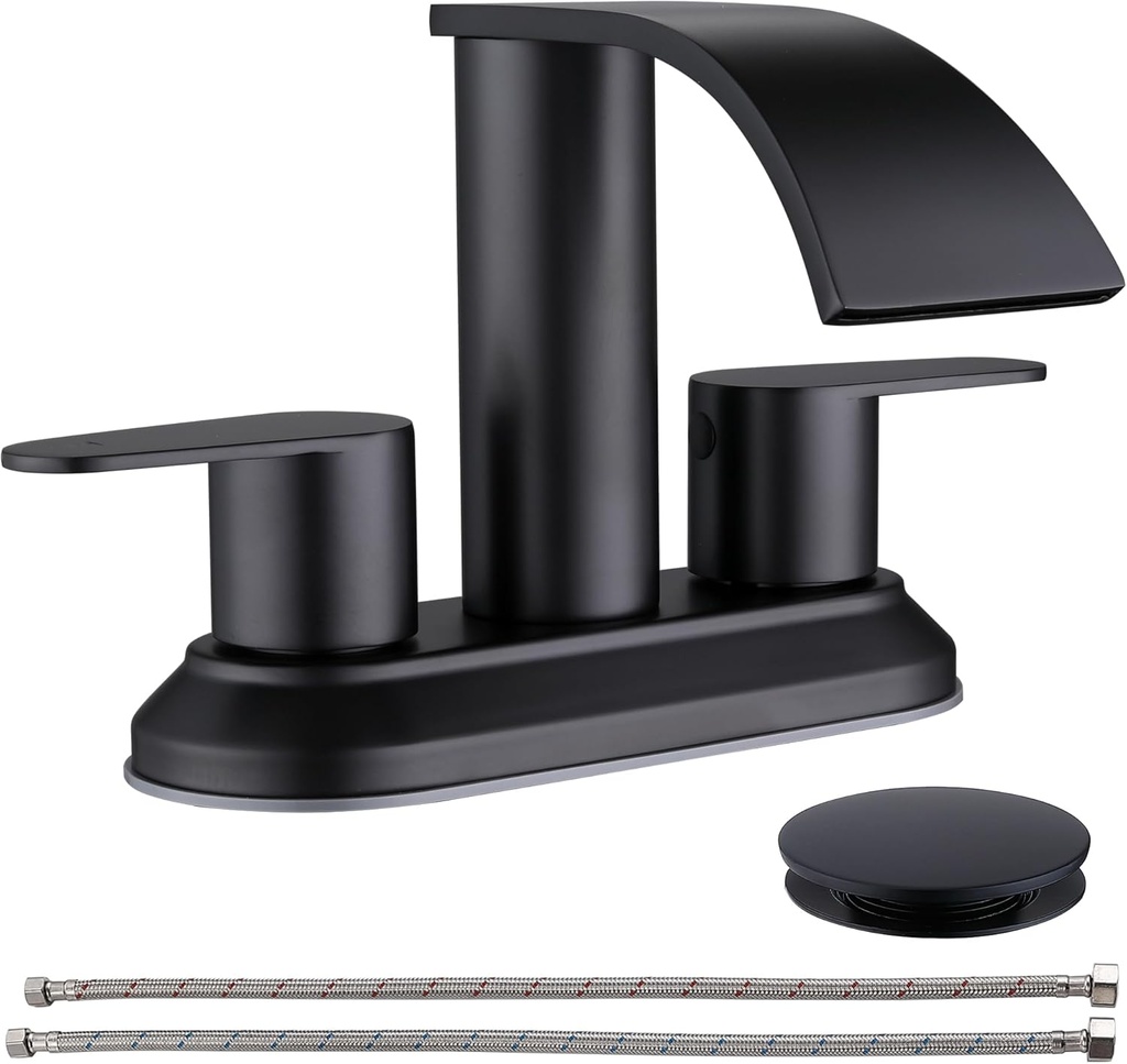 4 inch Centerset Bathroom Faucets Black Matte, Jodulos 2 Handle Waterfall Bathroom Sink Faucet with Pop Up Drain Stopper, Stainless Steel Bathroom Sink Faucet with cUPC Supply Lines JU-DE-201-BK