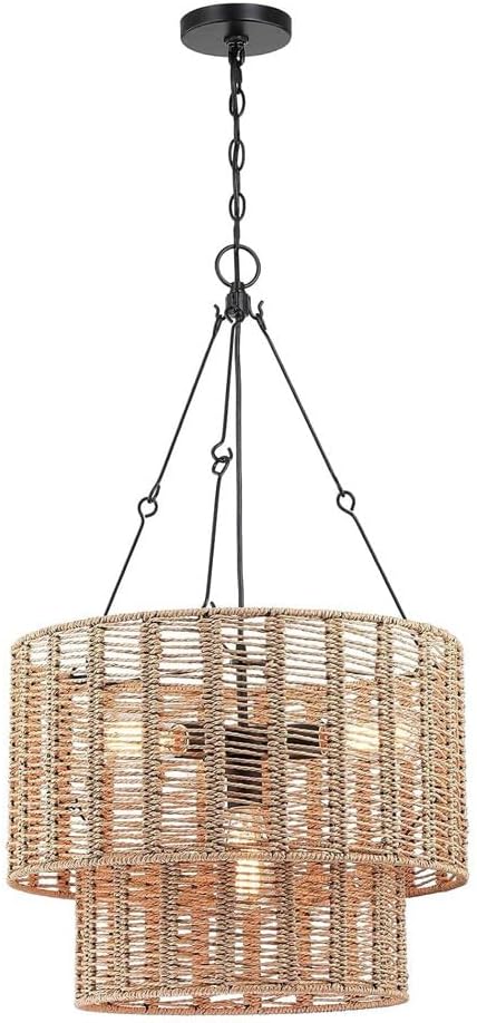 19.6" Farmhouse Hemp Rope Chandeliers 2-Tier Restaurant Living Room Bedroom Pendant Lights E 27 Nordic Style Iron Frame Hand-Woven Hanging Lamp Rope Weaving Lampshade