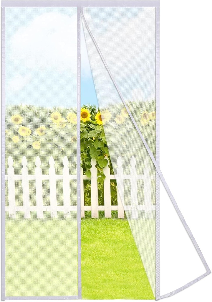 Magnetic Screen Door Self Closing, 58 x 78 inches, White Upgraded Polyester Thicken Mesh Mosquito Net for Patio Door, with Magnets, Keep Bugs Out, with Hook Tape