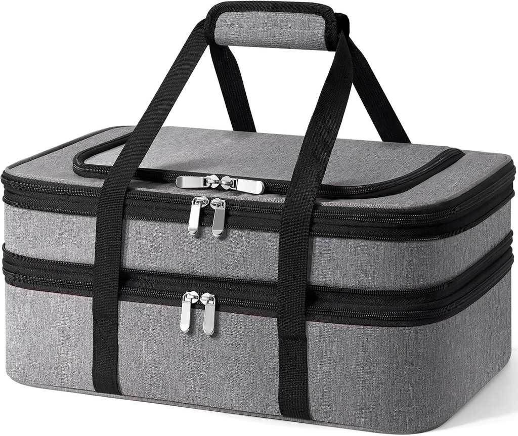 Double Insulated Casserole Carrier - Portable Casserole Carriers for Hot or Cold Food Lunch Tote Warmer or Cooler Bag for Potluck Parties Picnic Cookouts, Fits 9" x 13" Baking Dish - Grey