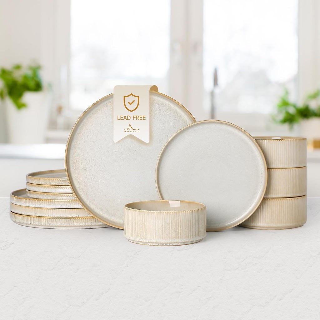 MONITO 12PCS Stoneware Plates and Bowls Sets, Ceramic Dinnerware Sets for 4, Reactive Glaze Dish Set, Chip and Scratch Resistant Double, Microwave and Dishwasher Safe, Beige