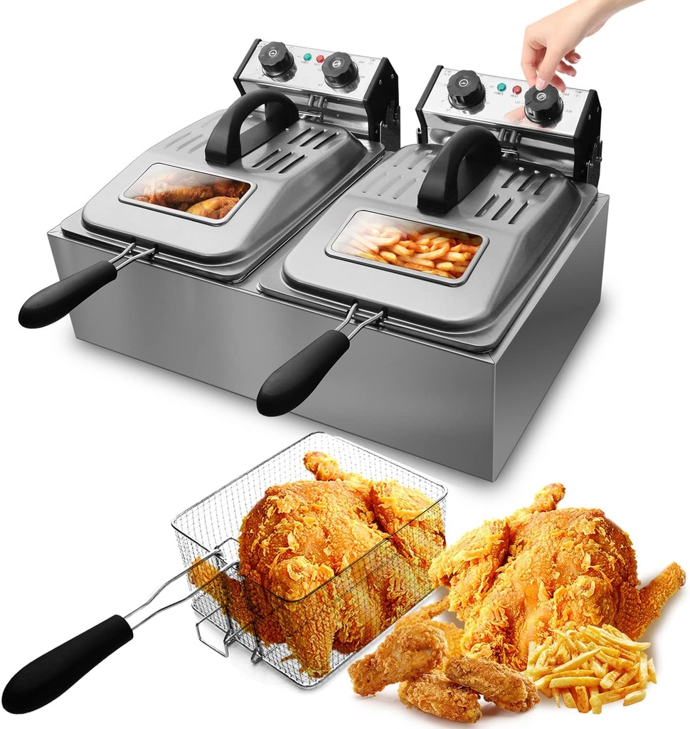 WantJoin 12L/12QT Dual Tank Commercial Deep Fryer with 2 Glass Window Lids, 3200W Stainless Steel Electric Deep Fryer with 2 Baskets, Countertop Kitchen Frying Machine with Temperature Control