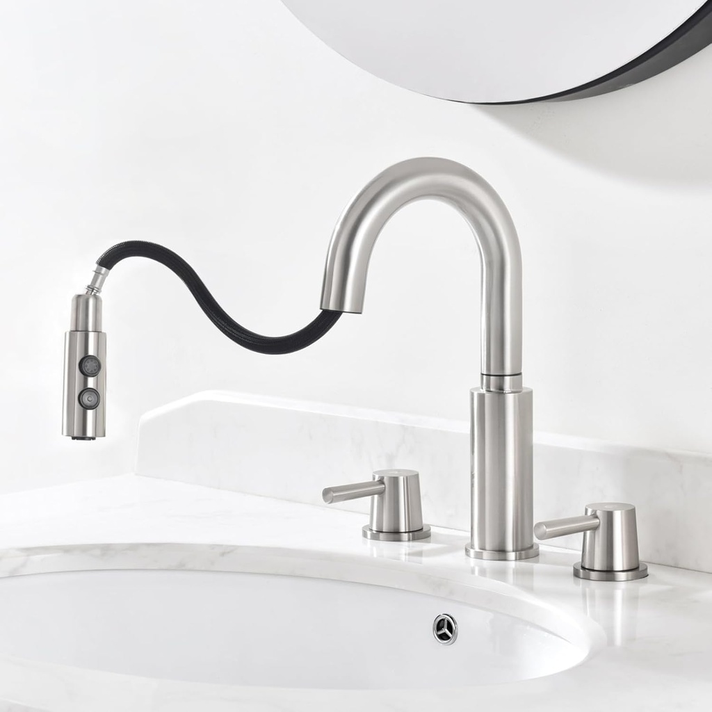 Bathroom Sink Faucet, 2-Handle 3-Hole Vanity Faucet with Pop-Up Drain, Modern Lavatory Centerset Faucet for Bathroom, Brushed Nickel, PAKING PB1054