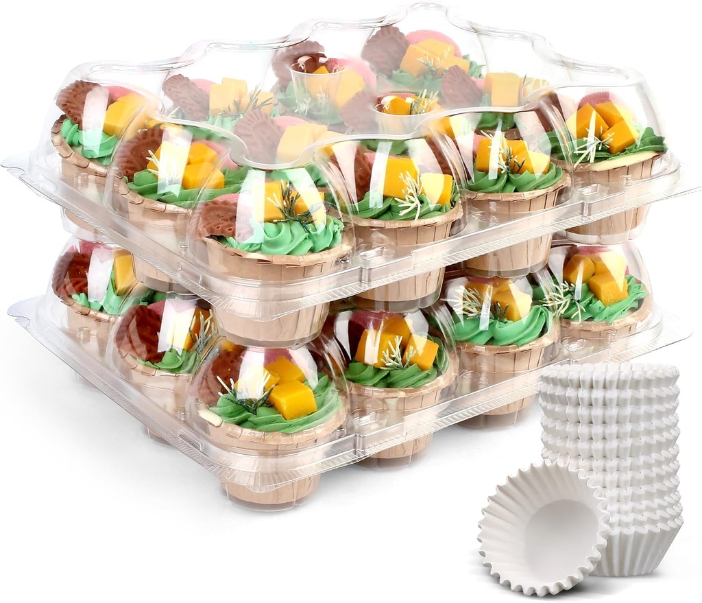 LotFancy Cupcake Containers 12 Count, 12 Sets, Plastic Dozen Cupcake Boxes, Disposable Cupcake Carrier Holder with Detachable Tall Dome Lid, BPA Free, Standard Size