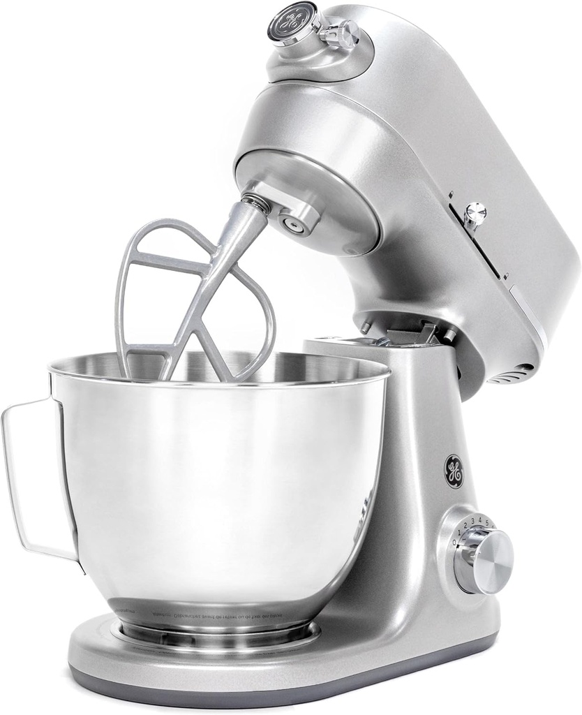 GE Tilt-Head Electric Stand Mixer | 7-Speed, 350-Watt Motor | Includes 5.3-Quart Bowl, Flat Beater, Dough Hook, Wire Whisk & Pouring Shield | Countertop Kitchen Essentials | Granite Gray