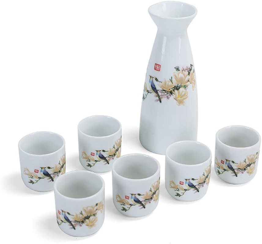 Ceramic Cup Crafts Wine Glass,7 Piece Sake Set Japanese Ceramic Sake Set Hand Drawn Flowers and Birds Pattern, Ceramic Material, 6 Sake Cups,1 Sake Pot
