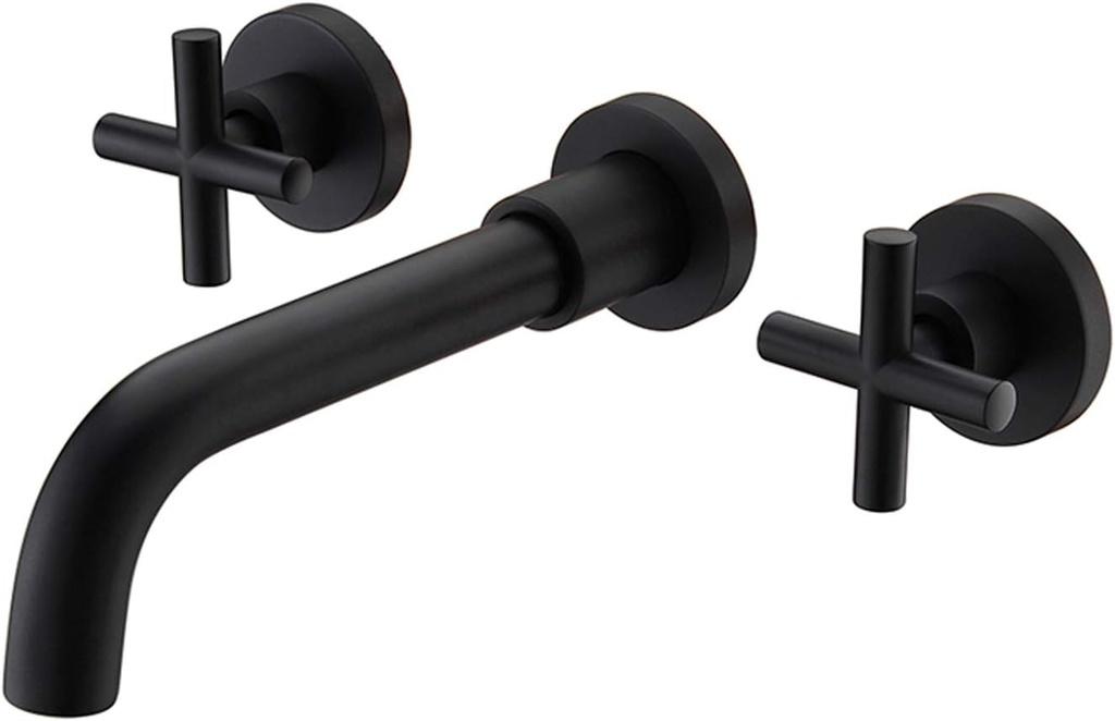 TRUSTMI Matte Black Brass Bathroom Faucet Wall Mounted, Dual Cross Handle Lavatory Vanity Sink Faucet in Wall and Rough in Valve Included