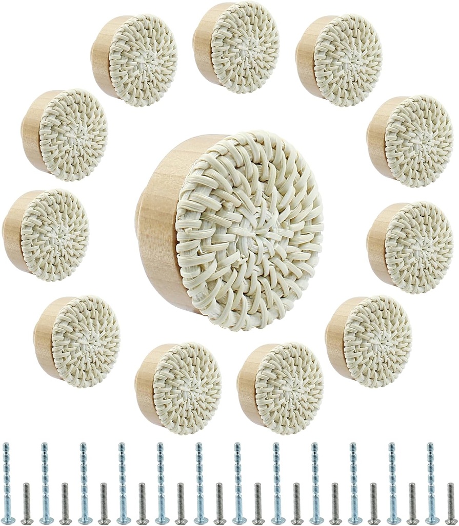 12pcs Rattan Dresser Knobs - Boho Wicker Drawer Knobs, Natural Wooden Decorative Cabinet Pulls for Pantry, Cupboard, Furniture (White, Large)