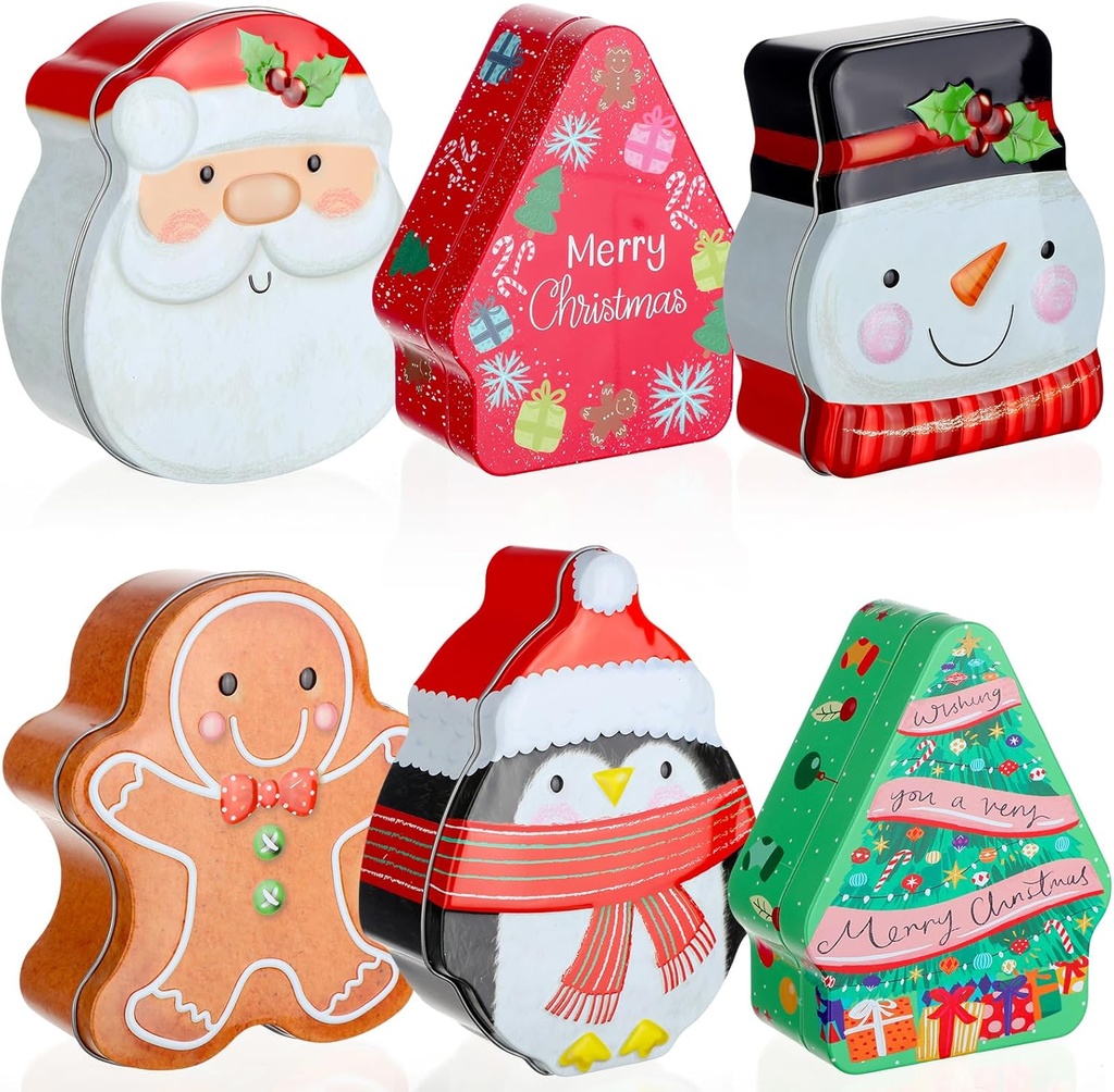 Tioncy 6 Pcs Christmas Cookie Tins with Lids Christmas Containers Santa Snowman Gingerbread Penguin Christmas Tree Metal Cookie Jar Xmas Cookie Boxes for Storing Candy Chocolate Biscuits Holiday Gifts