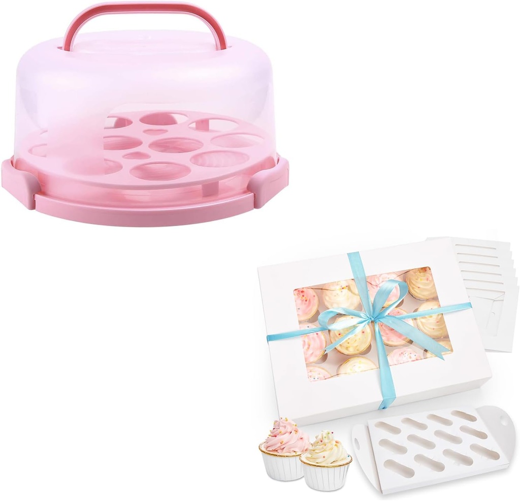 Ohuhu Cake Carrier, BPA-Free Cake Holder Storage Container+Cupcake Boxes, Upgraded Thicken 12 Pack 12 Count Cupcake Containers