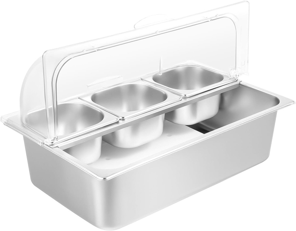 Ice Food Serving Display Tray, Ice Tray for Food Buffet with Clear Roll Top Cover and 6 Pans, Stainless Steel Dispenser Display Rack for Salad, Spice, Fruit, Cold Serving Buffet, Party, Hotel