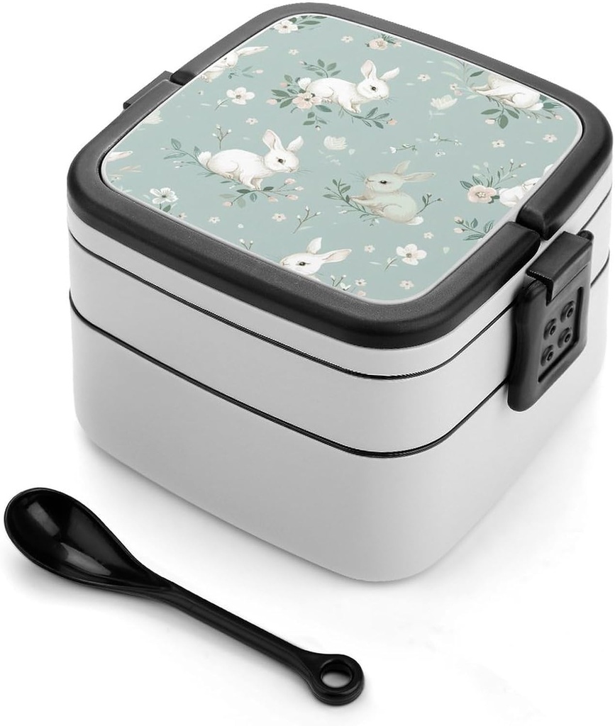 Rabbit And Flowers Bento Box with Compartments Double Layer Bento Lunch Box with Spoon And Handle All-in-One Adult Lunchbox Leakproof Lunch Container for Work Picnic Travel