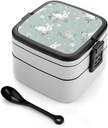 Rabbit And Flowers Bento Box with Compartments Double Layer Bento Lunch Box with Spoon And Handle All-in-One Adult Lunchbox Leakproof Lunch Container for Work Picnic Travel