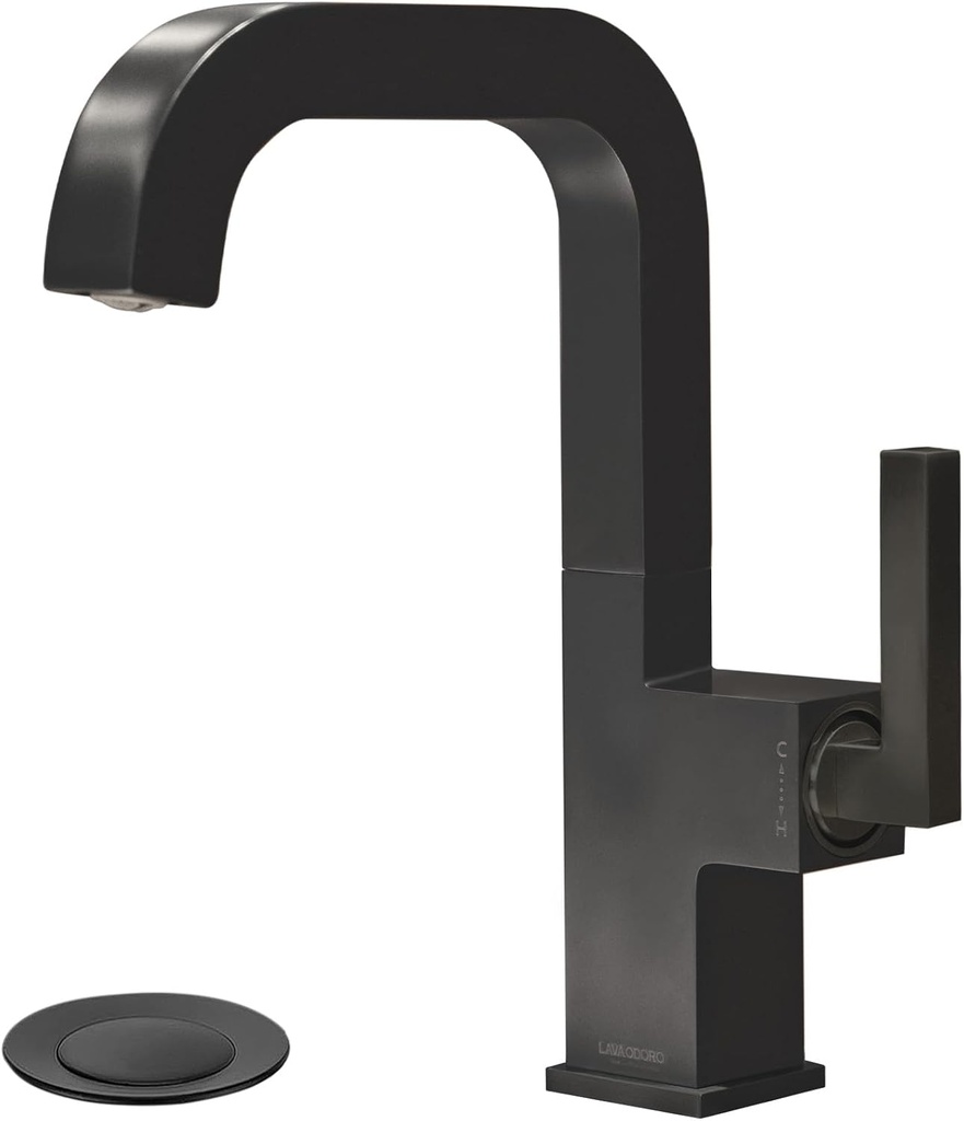 Black Bathroom Faucet Single Hole, Lava Odoro Bathroom Black Sink Faucet Single Handle Matte Black Vanity Faucet with Drain Assembly, Solid Brass Vessel Sink Faucet Deck Plate Included, BF204-MB