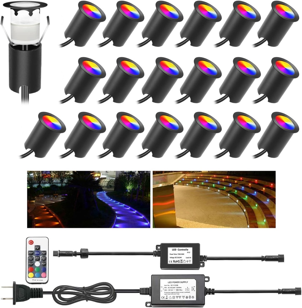 Recessed LED Deck Lights Kits with Protecting Shell,20Pack Φ1.18 IP67 Waterproof 12V Low Voltage Embedded Step Stair RGB Outdoor Landscape LED Lighting for Yard,Garden,Floor,Entryways