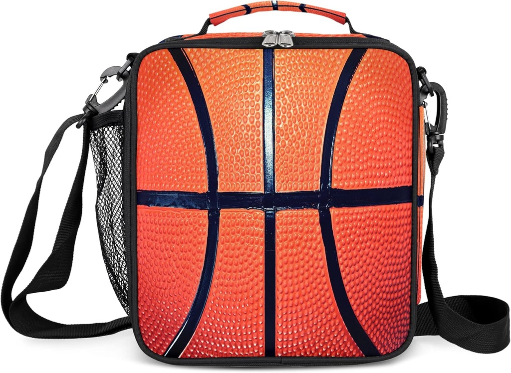 Insulated Lunch Box for Boys Girls, Reusable Lunch Bags with Adjustable Shoulder Strap and Water Bottle Holder for Kids Adult, Basketball Lunch Tote Bag for Office Work School