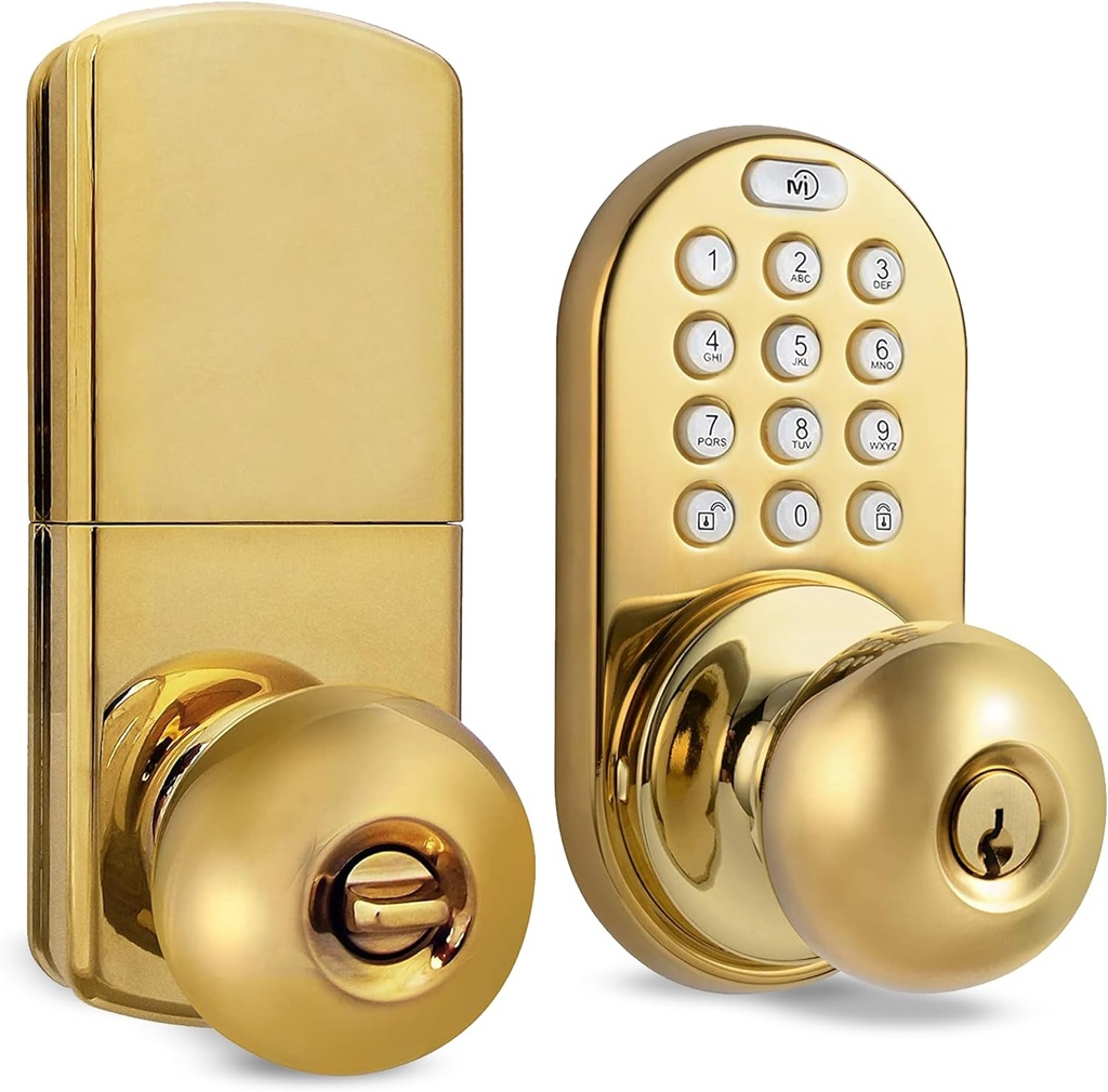 MiLocks TKK-02P Digital Door Knob Handle Lock with Electronic Keypad - Keyless Entry Smart Door Lock with Adjustable Latch Locks, Audible Tones for Interior Front Doors & More, Polished Brass