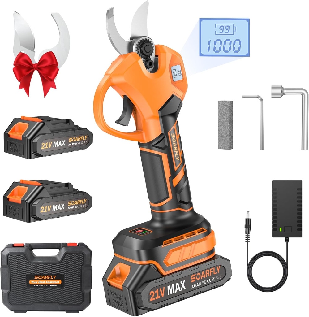 Upgraded Electric Pruning Shears, 1.5'' Cutting Diameter, Brushless Motor Cordless Pruner with LCD Display, 2 x 2000mAh Batteries & Extra SK5 Blades for Garden, Orchard & Branches