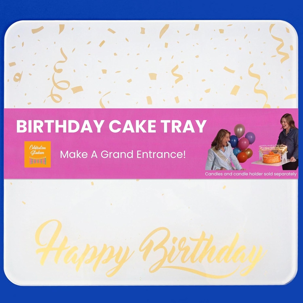 Birthday Cake Tray - Durable Acrylic Cake Holder with Happy Birthday Design - Reusable Party Tray Platter - Party Decorations - Dessert Base - 20 ½” W x 18 ½” D (White and Gold)