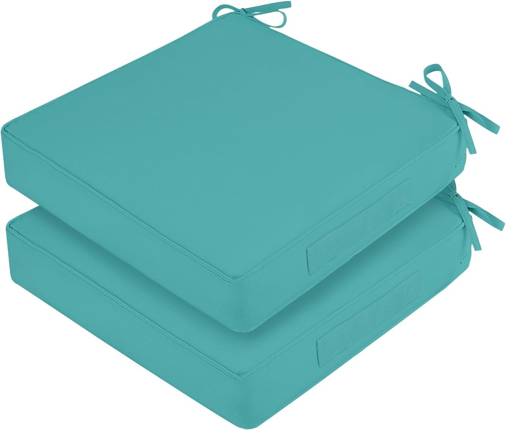 Waterproof Outdoor Chair Cushions Set of 2, Square Outdoor Seat Cushions with Ties and Removable Covers, 19 x 19 Outdoor Cushions for Patio Furniture with Portable Handle(Teal)