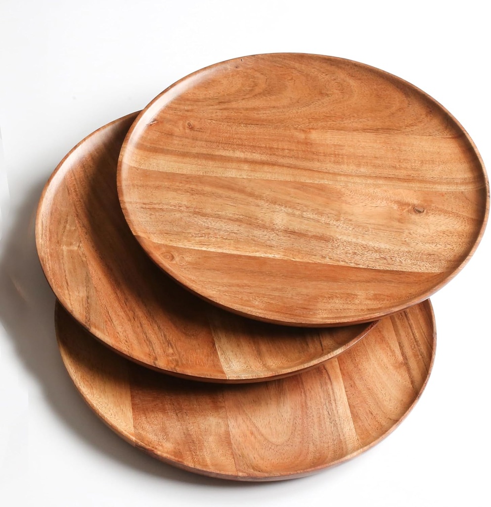 Lightnpro Acacia Round Wooden Charger Plates - Appetizer Plates, Centerpiece Tableware, Service Plates for Salad, Sandwiches, Burgers, Dinner, Lunch, Weddings, Catering - Set of 4, 10 Inch, Natural