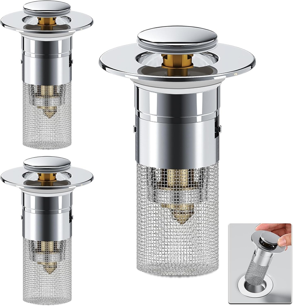 3Pcs Bathroom Sink Drain Stopper Hair Catcher - Stainless Steel Pop-Up Filter with Removable Basket, Universal Fit for 1.02-1.2" Sinks, Tool-Free Installation.
