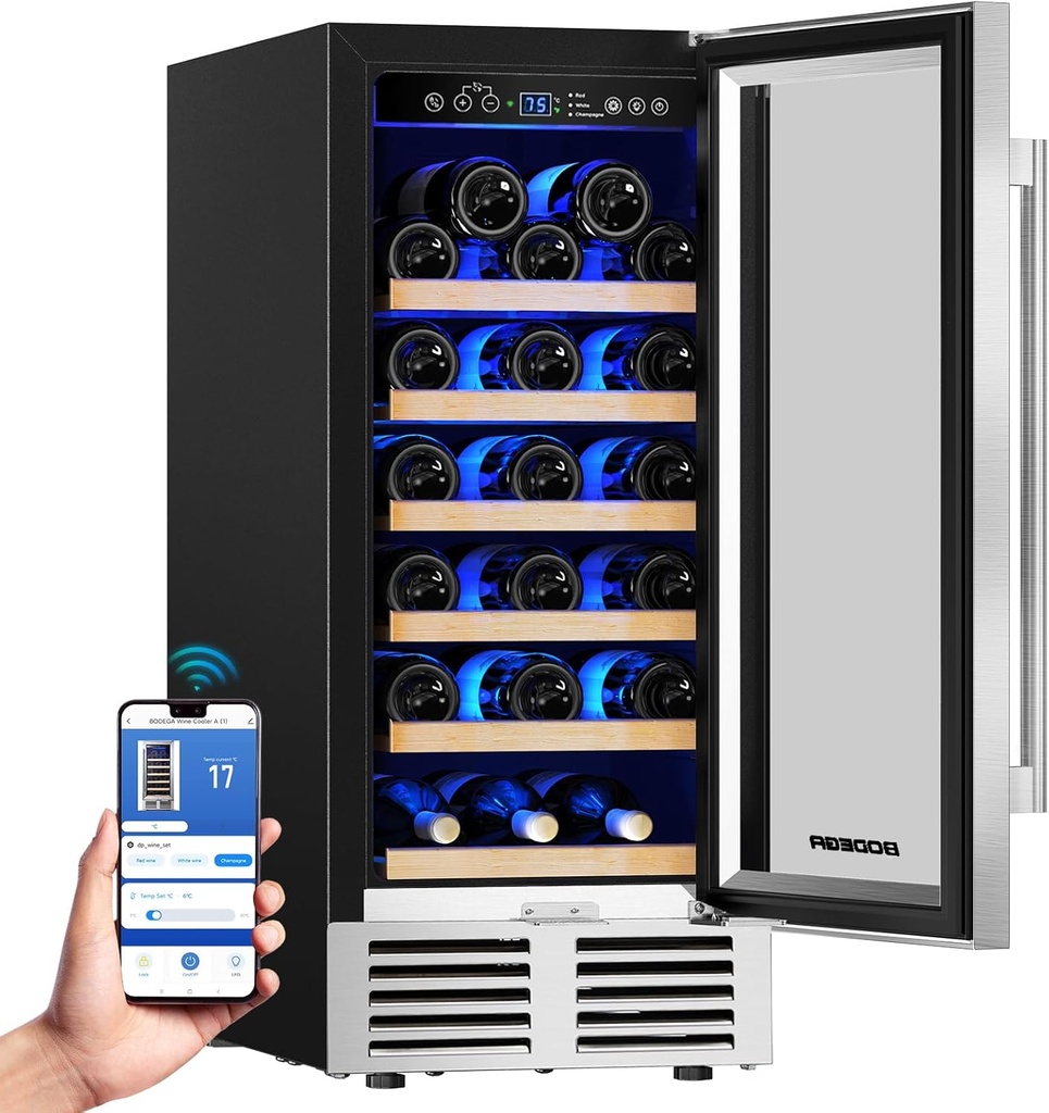 BODEGA Wine Fridge Freestanding, 15 inch Under Counter Wine Refrigerator, Champagne Cooler with App Control, Glass Door, for Kitchen, Bedroom, Home, Office, Holds 31 Bottles