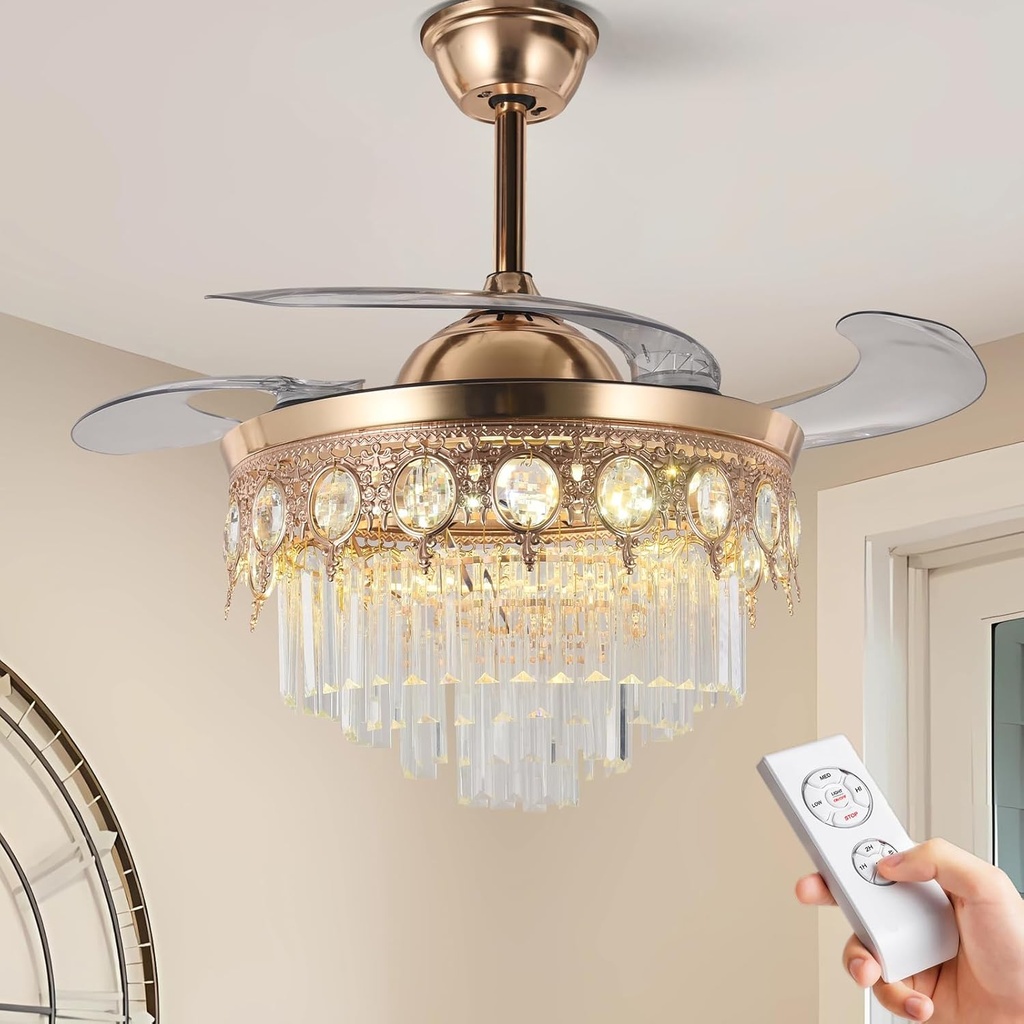 MORE CHANGE 42" Gold Retractable Ceiling Fan with Lights, Luxury Gold Crystal Chandelier Fan 6 Speeds 3 Colors Modern Ceiling Fan for Living Room