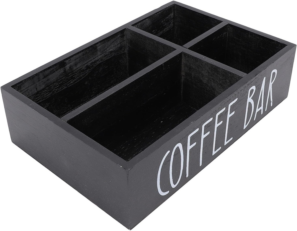 Wooden Coffee Station Organizer, Platane Wood Tea Bags Coffee Pods Holder with Divider, Kitchen Accessories Storage Box for Countertop (Black)