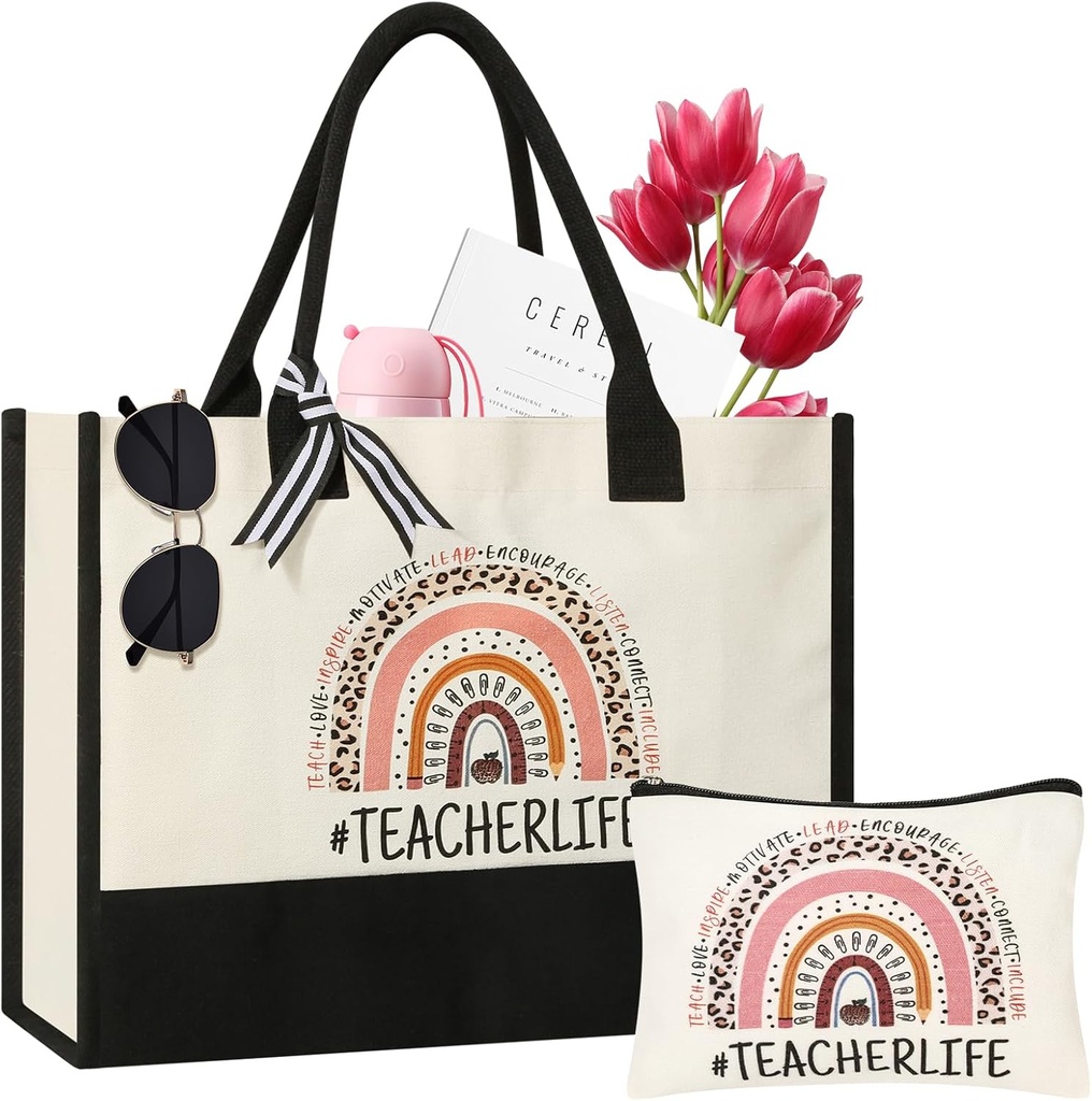 Teacher Gifts for Women, Canvas Tote Bag with Makeup Bag, Beach Bag with Zippe
