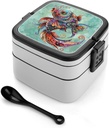 Adult Double-Layer Bento Box Curled Up Fish Portable Lunch Box with Spoon And Invisible Handle Leakproof Microwave-Safe Food Container for Work Travel Camping