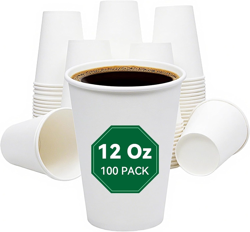 Coffee Cups, 100 Count 12 Oz Paper Cups, Disposable Cups for Hot and Cold, Disposable Coffee Cups for Office Home Party