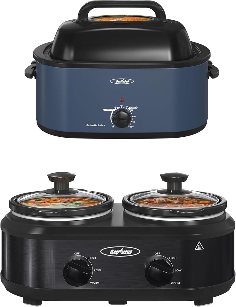 Roaster Oven And Double Slow Cooker,24 Quart Electric Roaster Oven with Glass Lid,2 Pot Small Mini Crock Buffet Servers and Warmer.