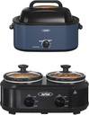 Roaster Oven And Double Slow Cooker,24 Quart Electric Roaster Oven with Glass Lid,2 Pot Small Mini Crock Buffet Servers and Warmer.