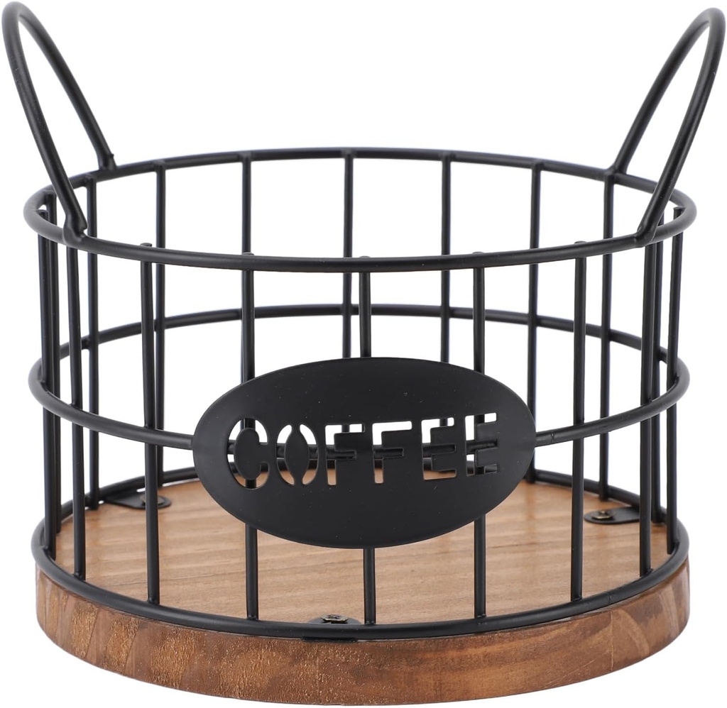 Coffee Pod Basket Round Iron Wire Storage Basket Large Capacity Coffee Capsule Holder with Wooden Base for Home Office
