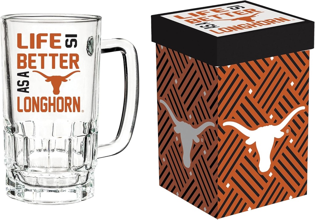 Team Sports America NCAA University of Texas Glass Tankard, 18 oz. Beer Drinking Glasses with Handle, Glass Tankard Cup with Gift Box, Traditional Stein For Bar, Alcohol, Beverages, Coffee, Teas