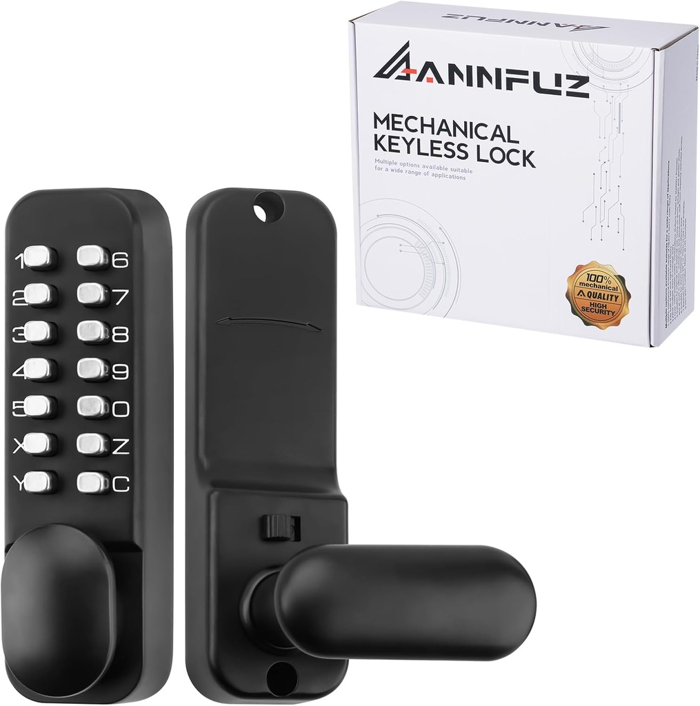 Pure Mechanical Keyless Entry Door Handle Lock with Keypad,Single-Sided Push Button Combination Code Lever Lock,Auto Locking,Interior Hold-Opening,for Front Gate,No Battery(Matte Black)