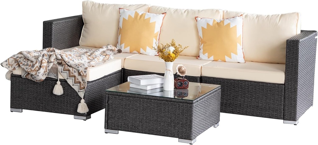 PAOLFOX5 Piece Rattan Patio Furniture Set, Outdoor Patio Conversation Set with Table,Soft Cushion and Backrest,Modern Chairs and Table Sets,Outdoor Furniture for Porch, Garden, Lawn,Grey/Beige