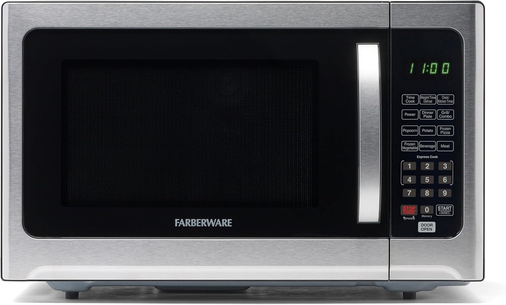 Farberware 1.2 Cu. Ft. Countertop Microwave Oven – 1000 Watts Power, Auto Cook Settings, Defrost, Easy Clean and Child Safety Lock - Stainless and Black